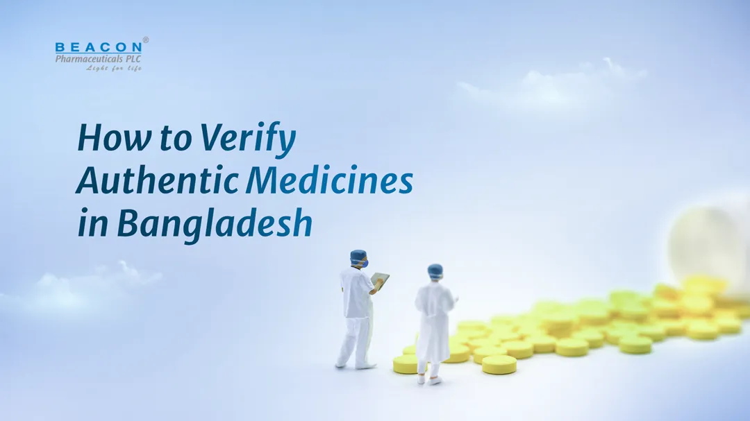 A visual guide on how to verify authentic medicines in Bangladesh, featuring healthcare professionals and pills.